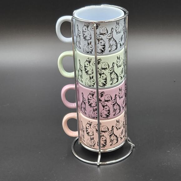 Coco + Lola 4 Stackable Espresso Cups and Rack Pastel Bunnies Rabbits Easter - Picture 1 of 4